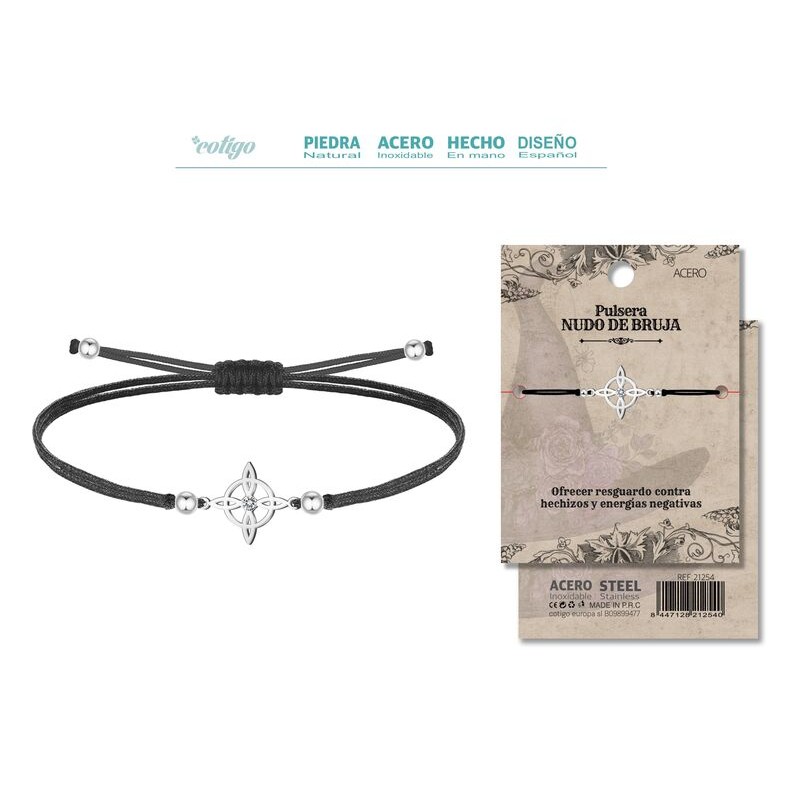 Pulsera Hilo Encerado con Nudo De Bruja en Acero Plateado (P2) ·